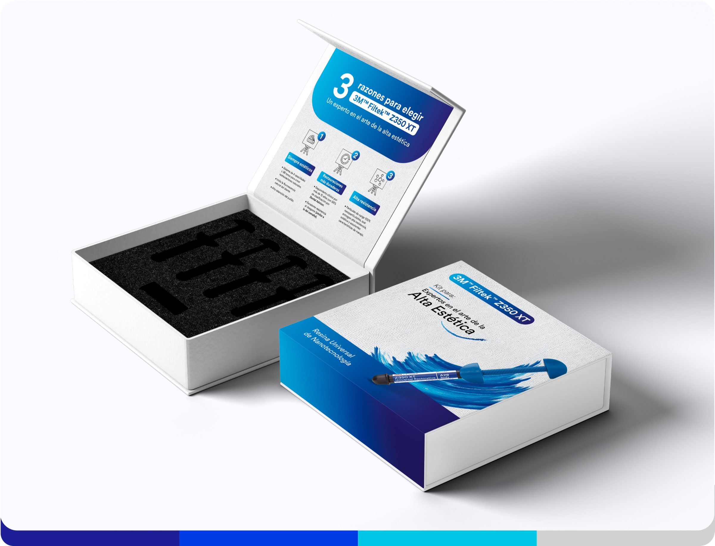 Kit de experiencia Filtek&trade; Z350 XT con estuche, materiales educativos y resinas
