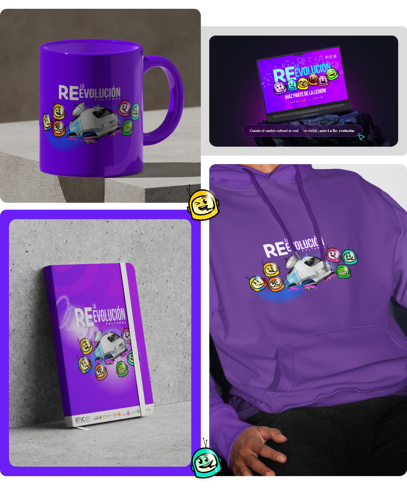 Aplicaciones de La RE-evoluci&oacute;n en taza, computador, libreta y prenda
