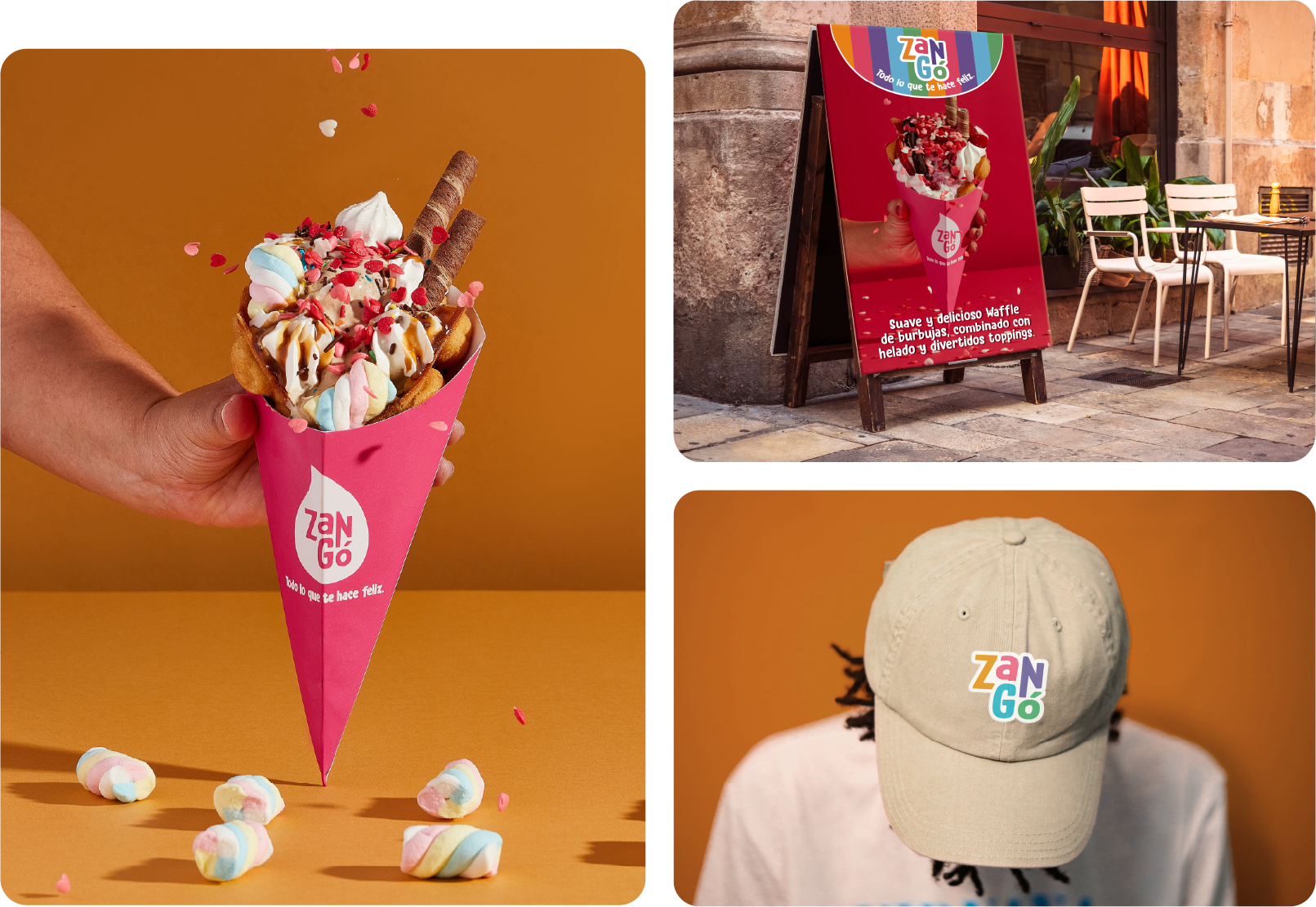 Aplicaciones de Zangó en empaque, aviso exterior y gorra