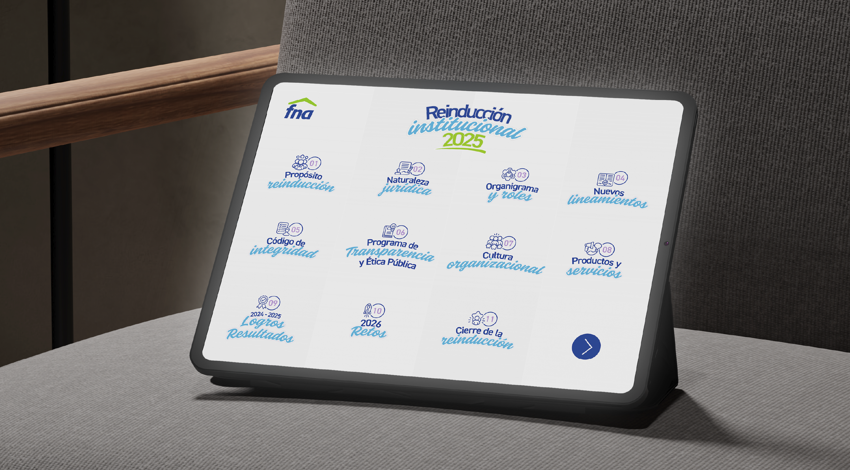 Interfaz de reinducción institucional del FNA presentada en una tableta